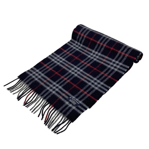 Auth Burberry LONDON - Navy Red Multi Cashmere Scarf - Picture 1 of 5